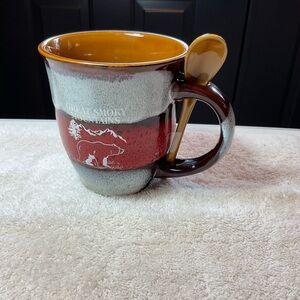 Ceramic Mug with Spoon - Red and Brown